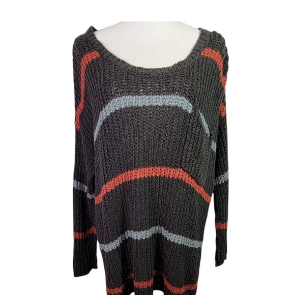 Free People Striped Open Knit Oversized Pullover Sweater Grey SZ Small - Picture 1 of 6